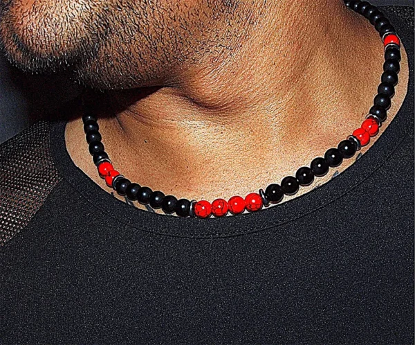 Collar con turquesa roja y ónix negro para hombre hecho a mano